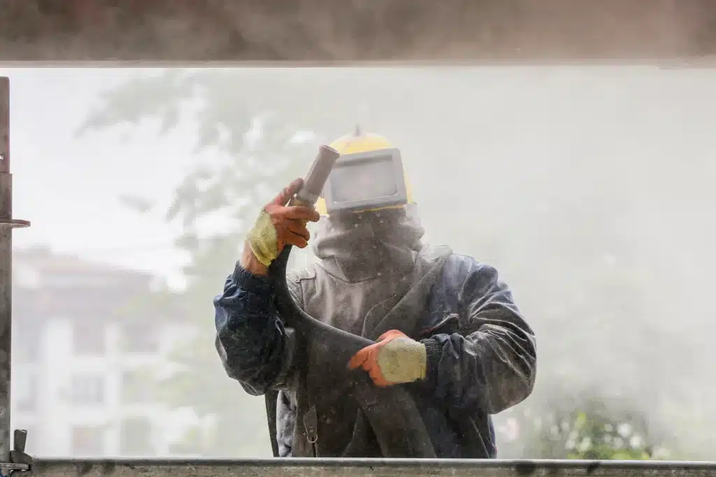Sableur en tenue de protection complète (casque jaune, gants) travaillant sur un chantier. Il dirige la buse au milieu de la forte poussière.